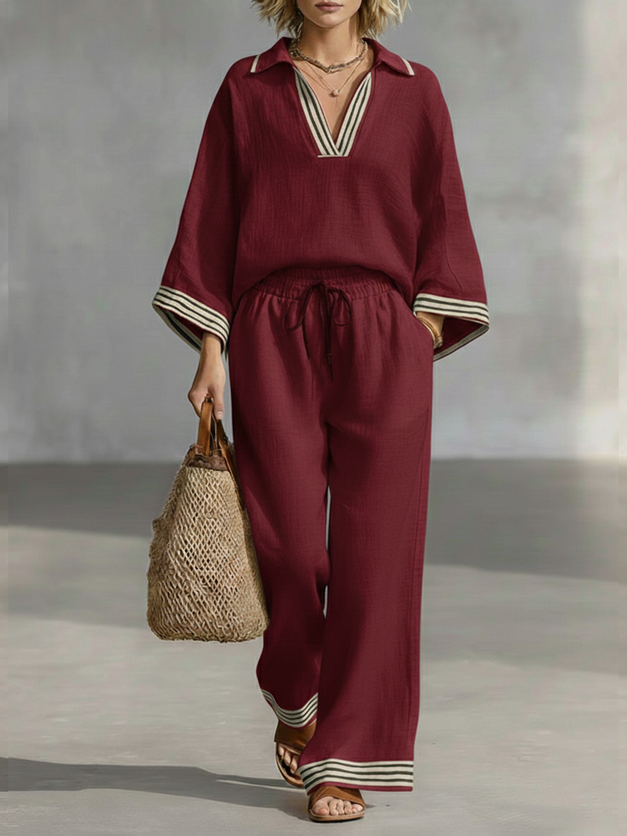 Casual Patchwork Striped Linen And Cotton Shirt And Pants Two-piece Set