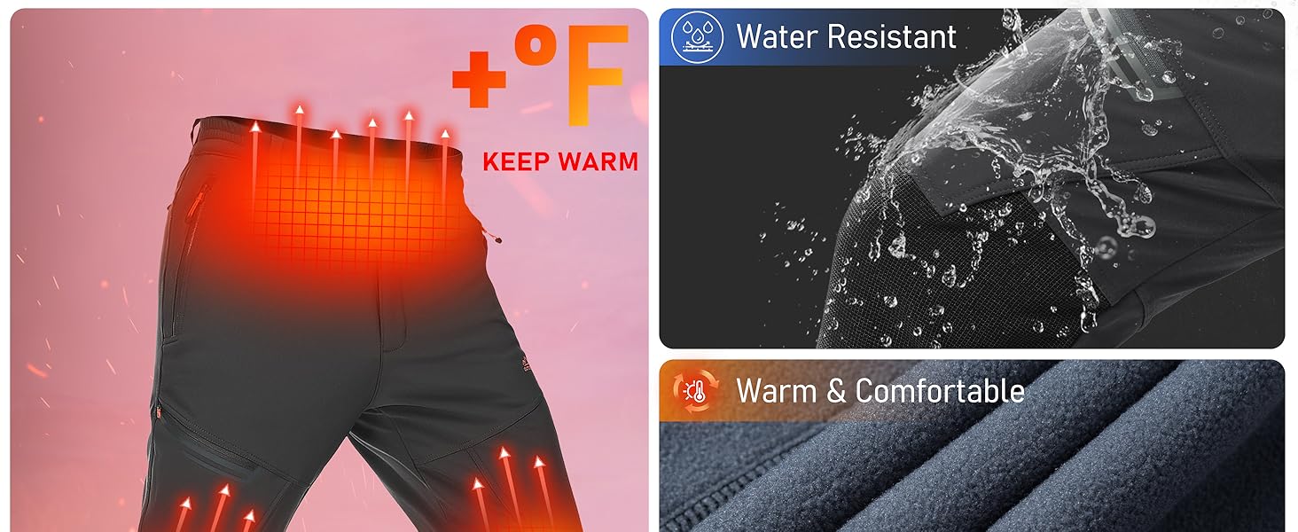 Men's Winter Pants Fleece Lined Ski Snow Pants Water Resistant 4 Zip Pockets Outdoor Pants