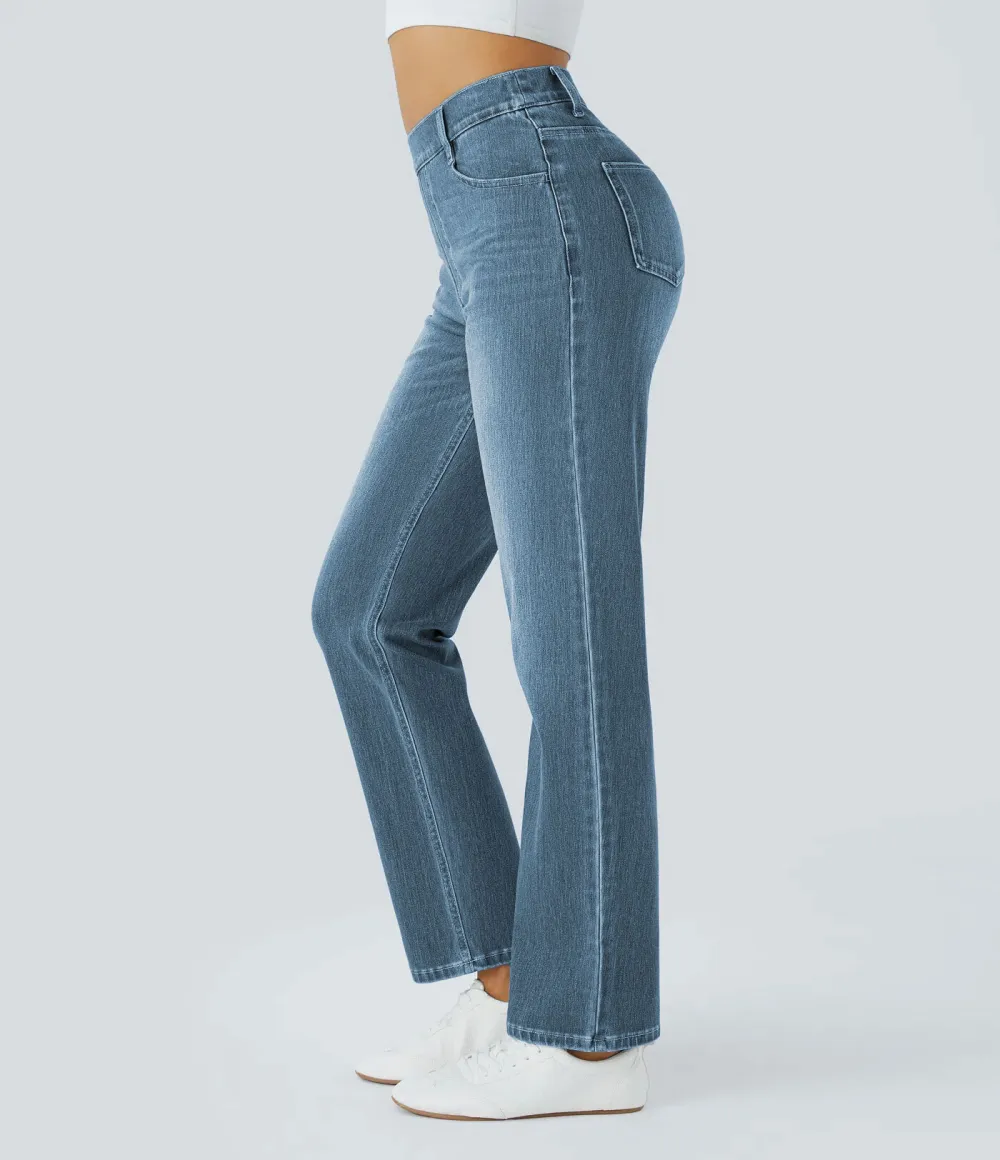Stretch-Knit Straight-Leg Jeans with Multiple Pockets