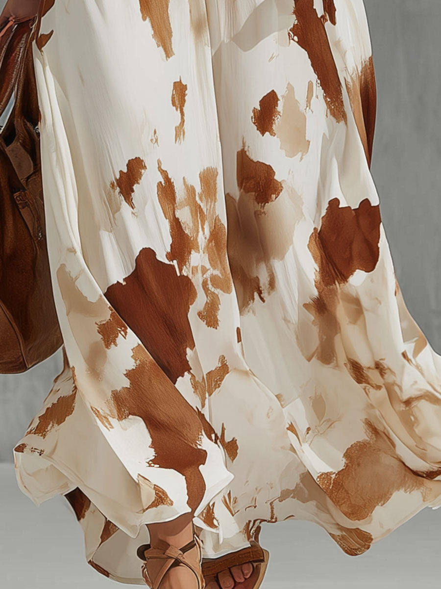 Vintage Brown Cow Print White Chiffon Sleeveless Maxi Dress