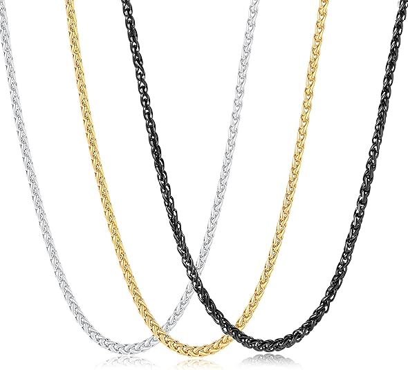 Garysiom 3 Pcs Chain Necklace for Men, 4mm Stainless Steel Gold Black and Silver Wheat Chains for Mens Jewelry Gift, 16"/20"/24"/28"/32 Inches
