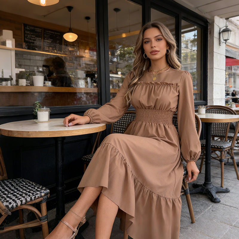 Women's Long-Sleeve Smocked Ruffle Maxi Dress