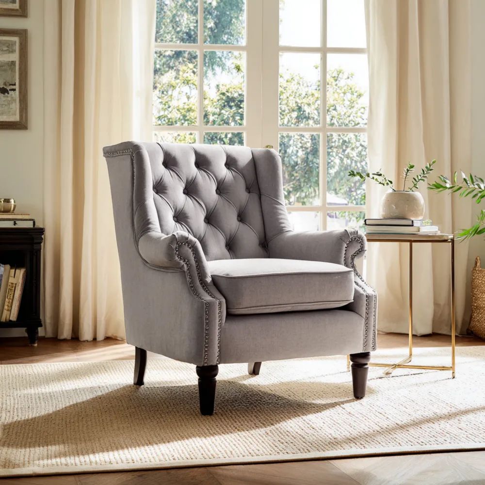 Fauteuil en tissu capitonné 80x85x100 cm – Gris – Design classique