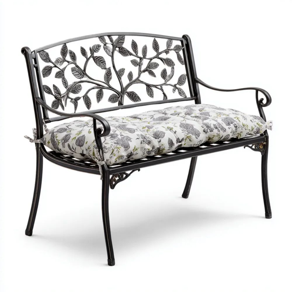 Banc de Jardin en Métal 120x60x85 cm avec Coussin Motif Floral – Noir/Blanc – Style Classique