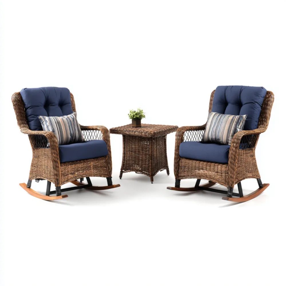 Ensemble de détente de jardin en rotin 3 pièces 65x70x100 cm – Coussins Bleu Marine – Design Classique