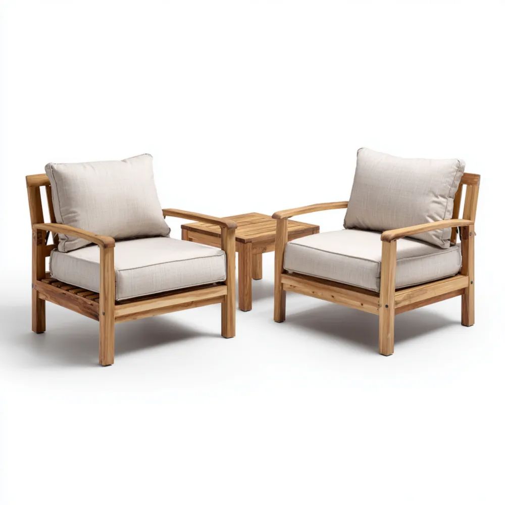 Ensemble de détente de jardin bois teck 2 fauteuils 75x85x90 cm et table carrée 50x50x45 cm – Beige – Design moderne