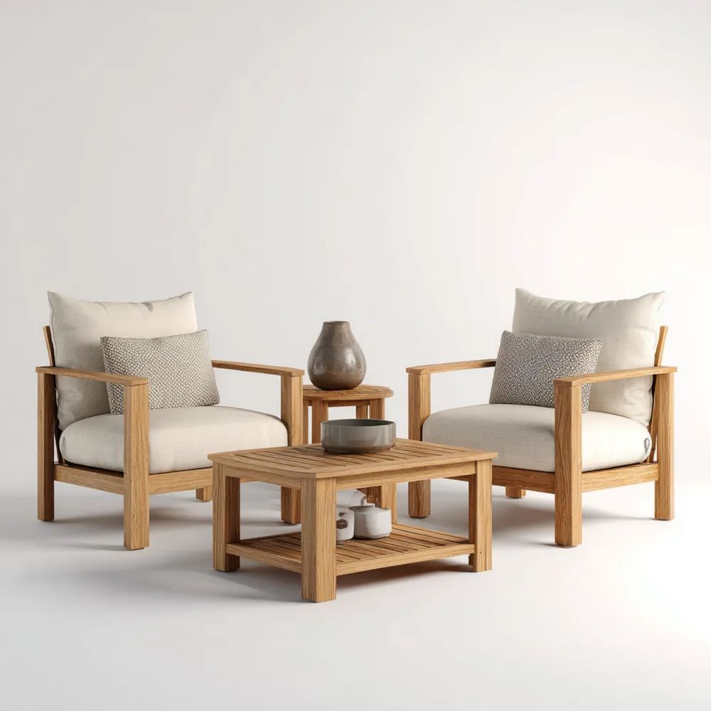Ensemble de détente de jardin en bois 75x85x90 cm avec coussins Beiges – Design contemporain