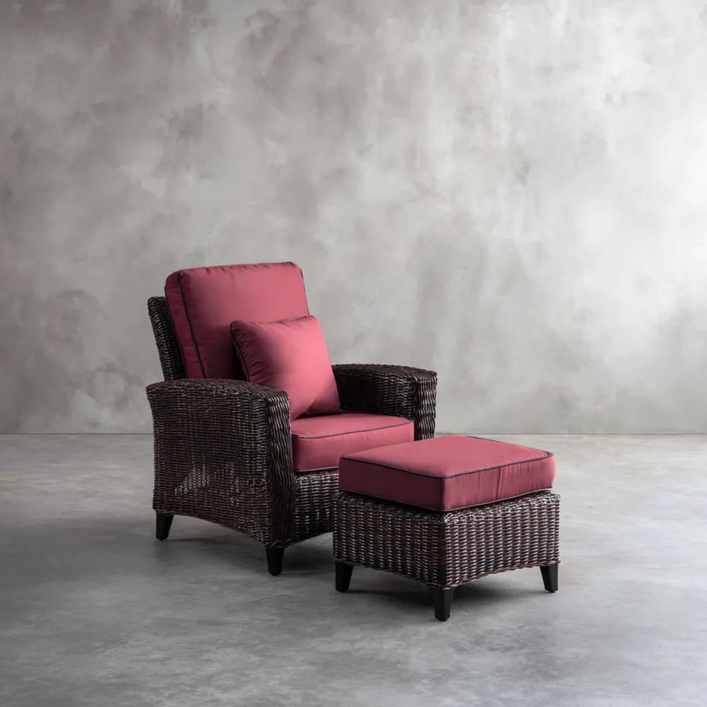 Fauteuil de jardin en rotin 85x80x90 cm avec repose-pieds 50x50x40 cm Coussins Rouges