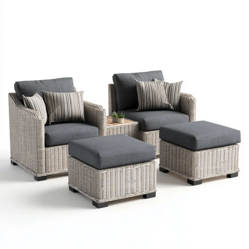 Ensemble de salon de jardin rotin synthétique 80x85x78 cm 2 fauteuils + 2 repose-pieds + table basse - Gris Clair