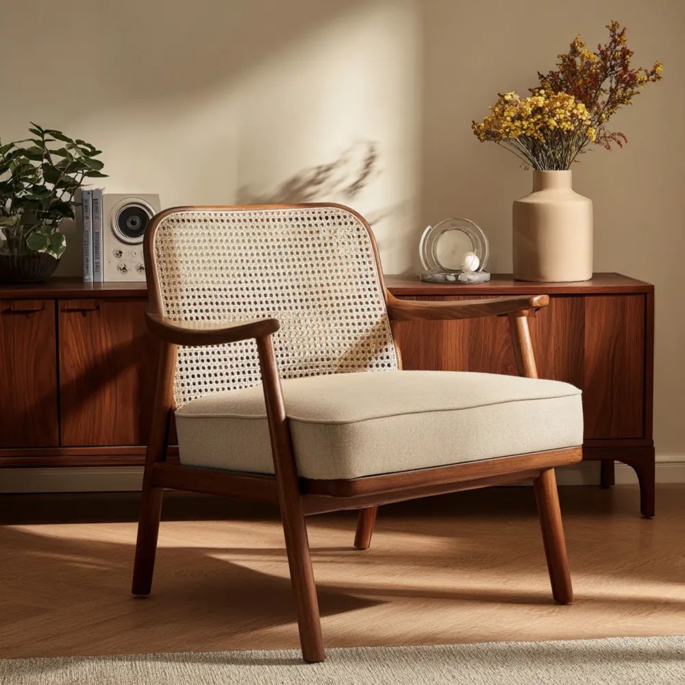 Fauteuil en bois et rotin 75x70x80 cm – Beige – Design minimaliste