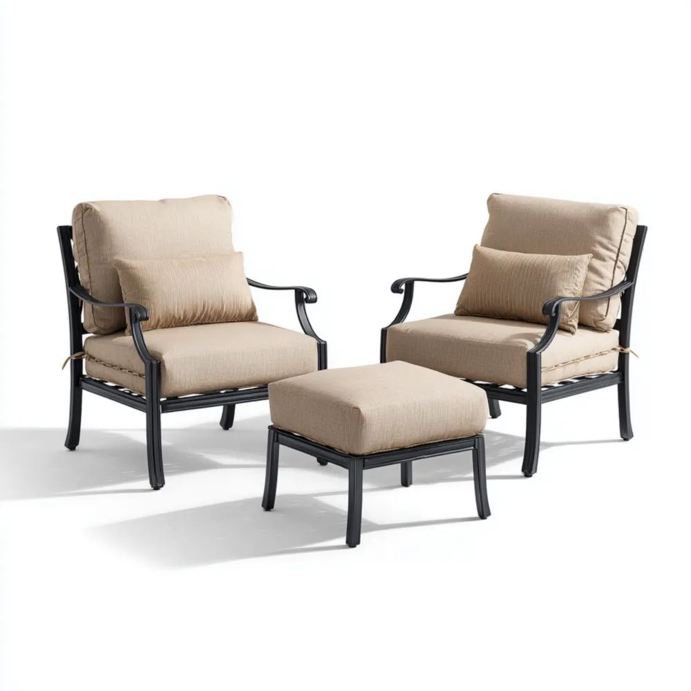 Ensemble de fauteuils et repose-pieds en aluminium 85x70x90 cm et 55x45x40 cm en Tissu Beige et Noir – 2 places