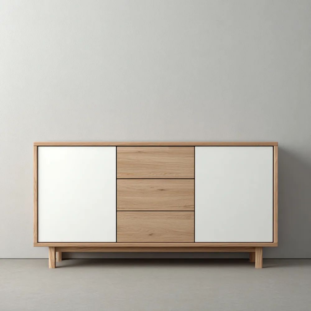 Buffet en bois et blanc avec portes et tiroirs – Design moderne 180x40x75 cm