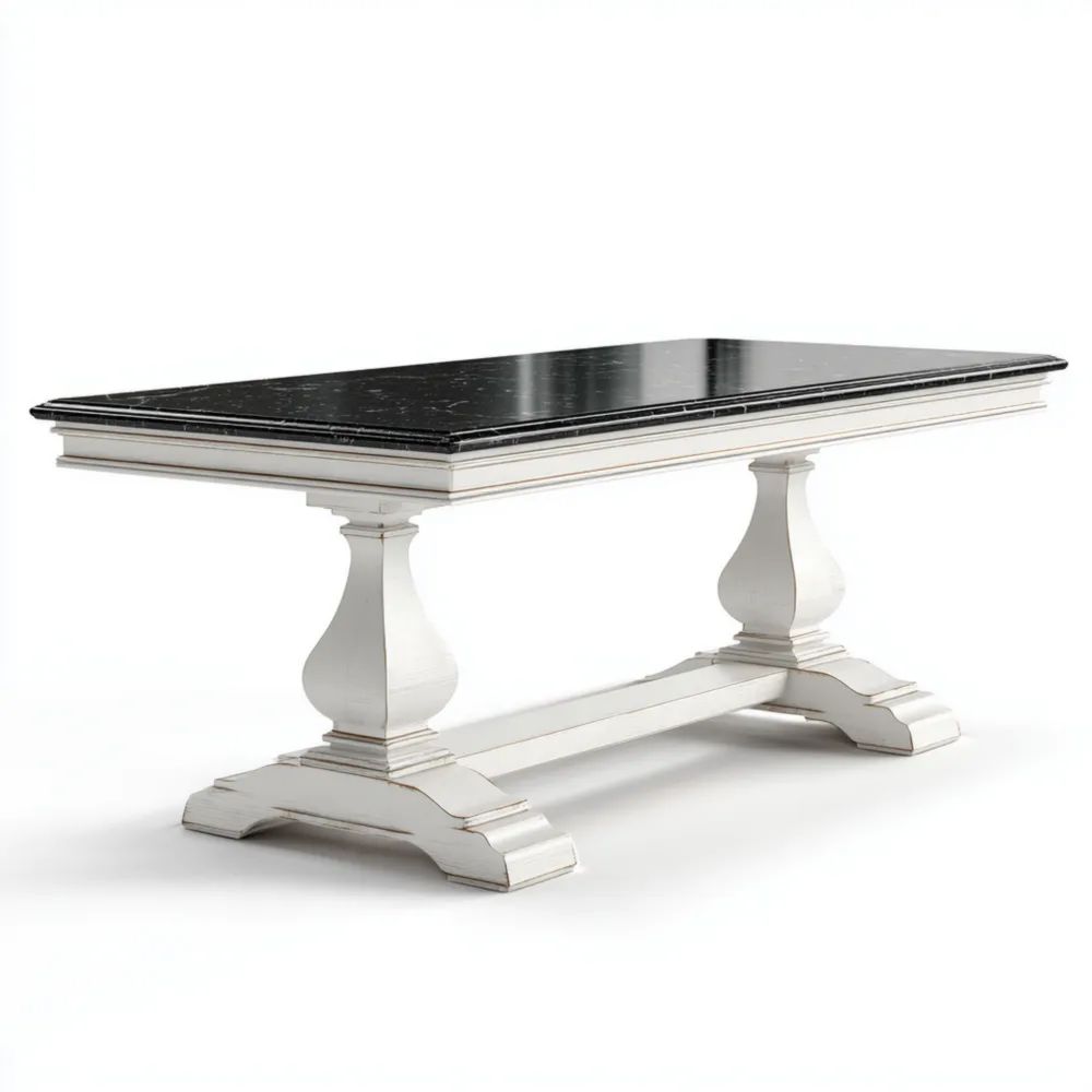 Table à manger 180x90x76 cm Bois et Marbre – Blanc et Noir – Design Classique