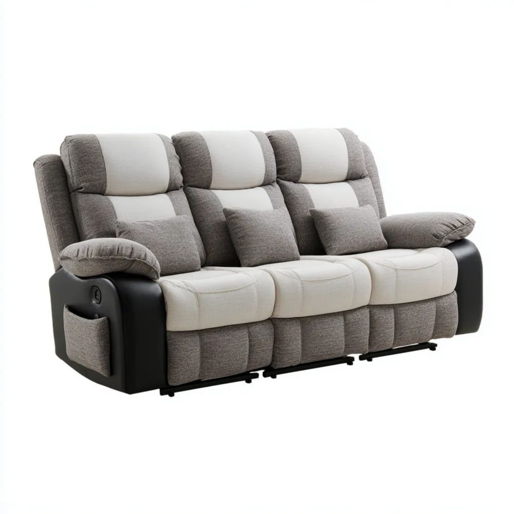 Canapé trois places 210x95x100 cm - Tissu Gris/Beige - Design moderne - Repose-pieds réglable