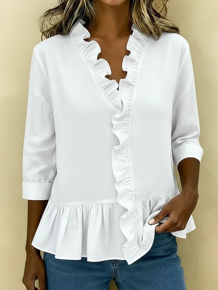 Women's Linen-feel Shirts Blouse Cotton Shirt Ruffle Solid Color Daily Stylish Basic 3/4 Length Sleeve V Neck Regular Tops Daily Blue Black White Khaki Red Summer Spring Fall