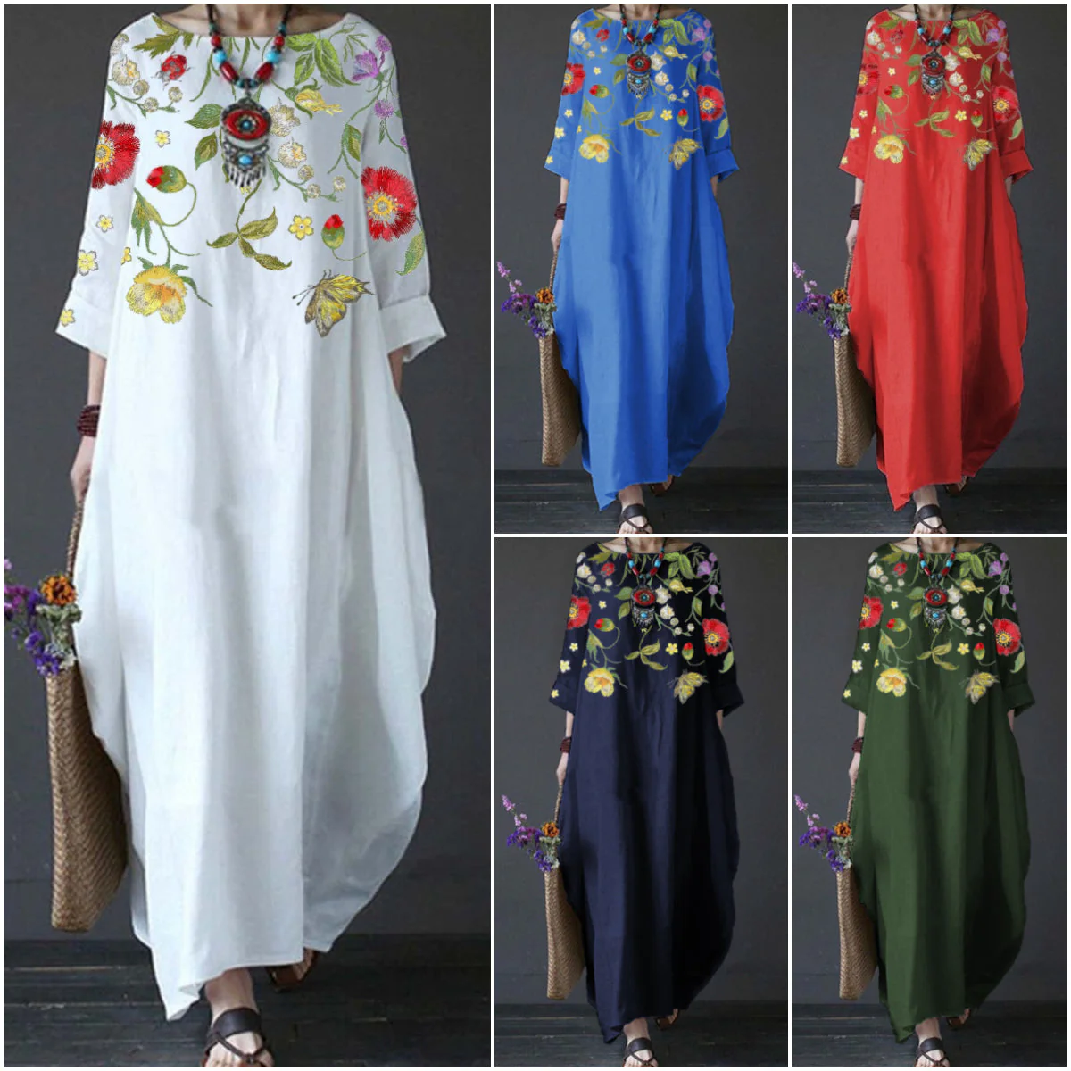 Women's Floral Embroidered Cotton Linen Maxi Dress