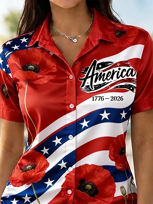 Women's 250th Anniversary Of The Founding Of the United States Vintage Short Sleeve  Shawl Collar 3D Printing Daily Going Out Casual Shirt