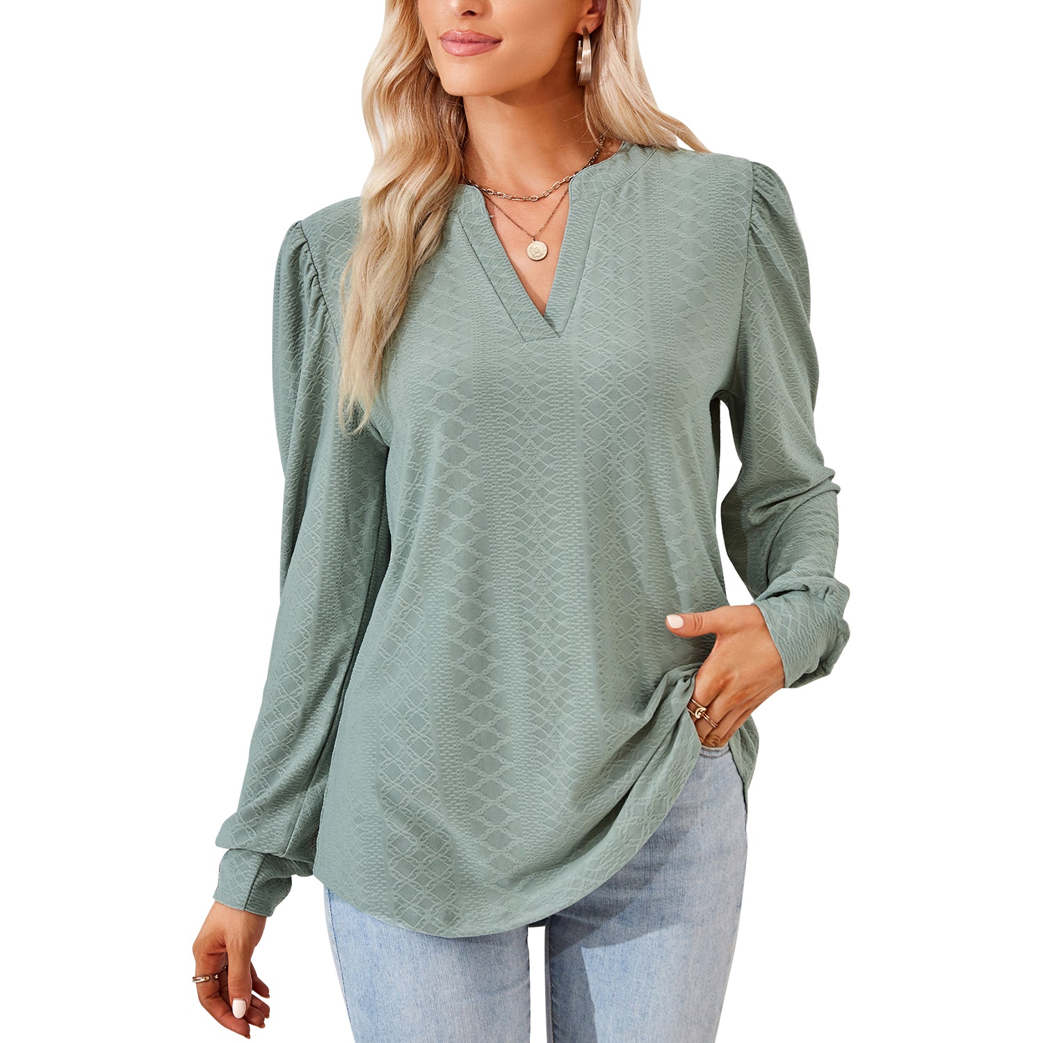 Clearance Sale！Womens Tops Puff Long Sleeves Tunic Tops Casual Loose Blouse V-Neck Shirts 