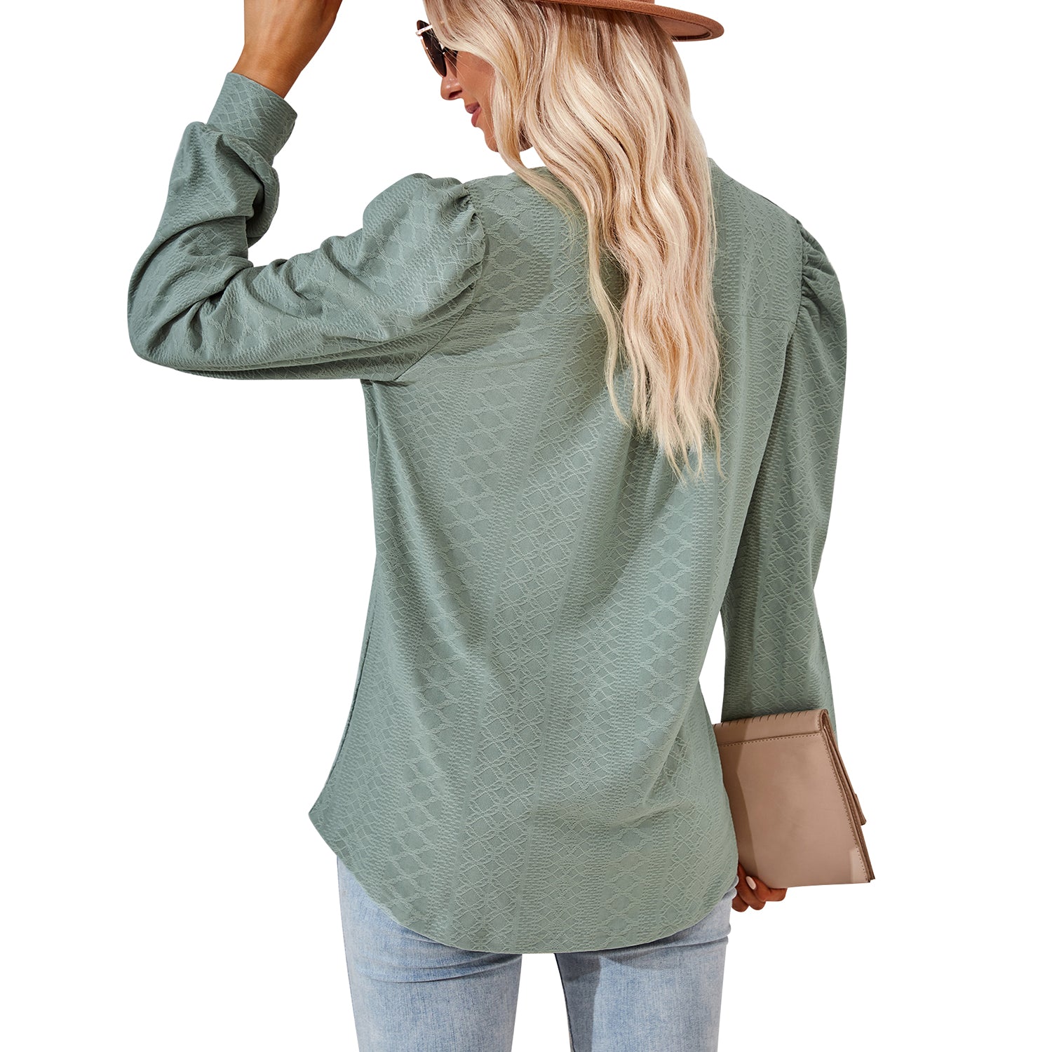 Clearance Sale！Womens Tops Puff Long Sleeves Tunic Tops Casual Loose Blouse V-Neck Shirts 