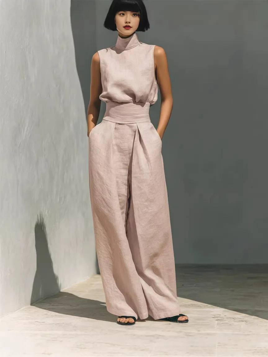 Women's Two-piece Sleeveless Top High-neck Trousers Wide-leg Pants 2026 Spring And Summer New Cotton Linen Casual Suit For Women