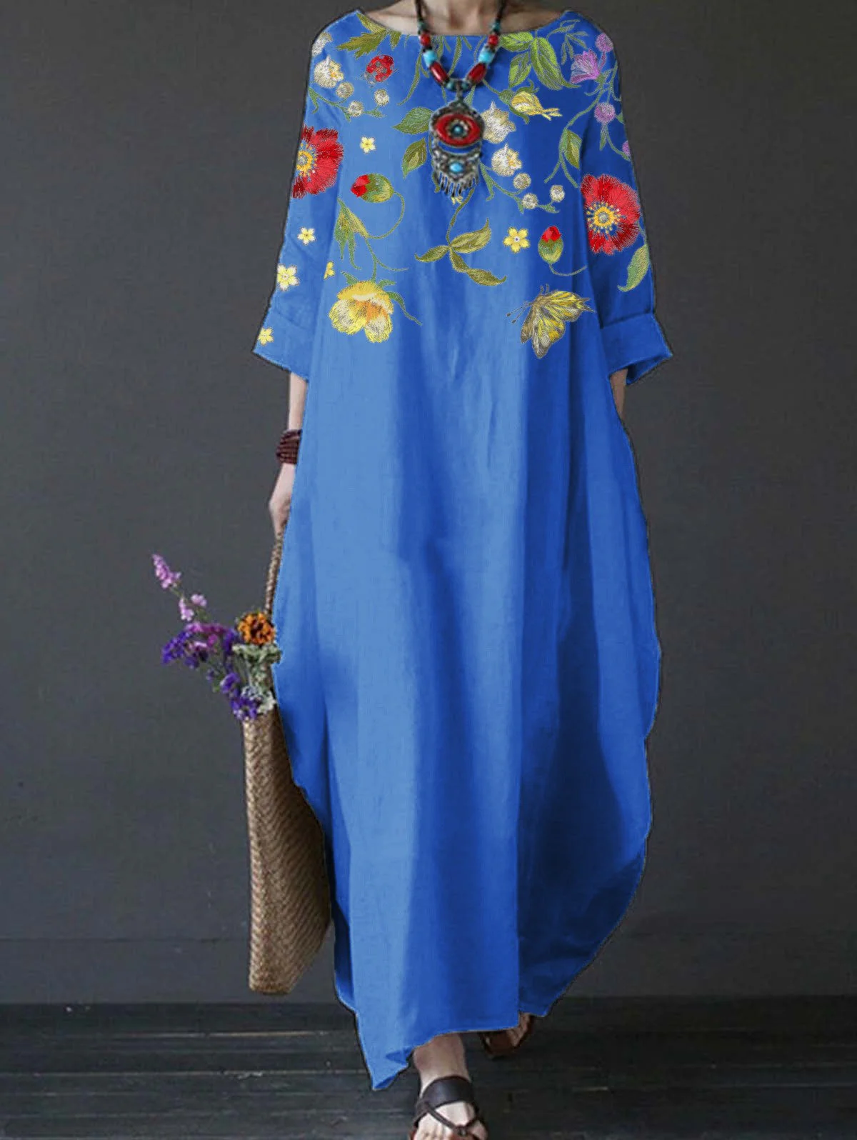 Women's Floral Embroidered Cotton Linen Maxi Dress