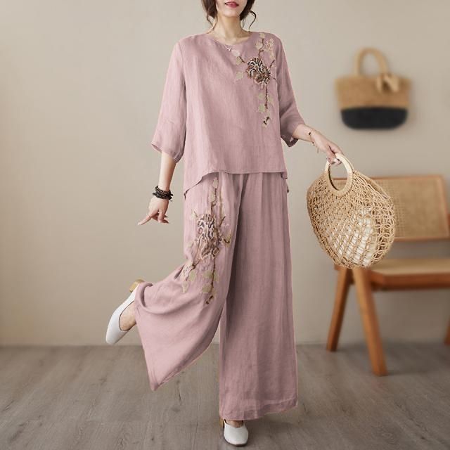 2026 Summer versatile fashion embroidered cotton and linen suit