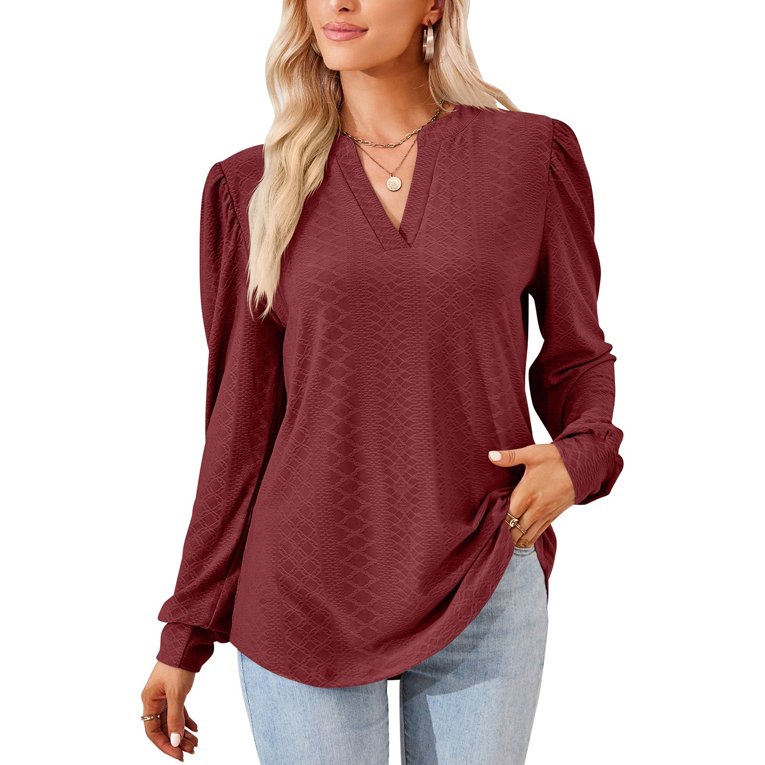 Clearance Sale！Womens Tops Puff Long Sleeves Tunic Tops Casual Loose Blouse V-Neck Shirts 