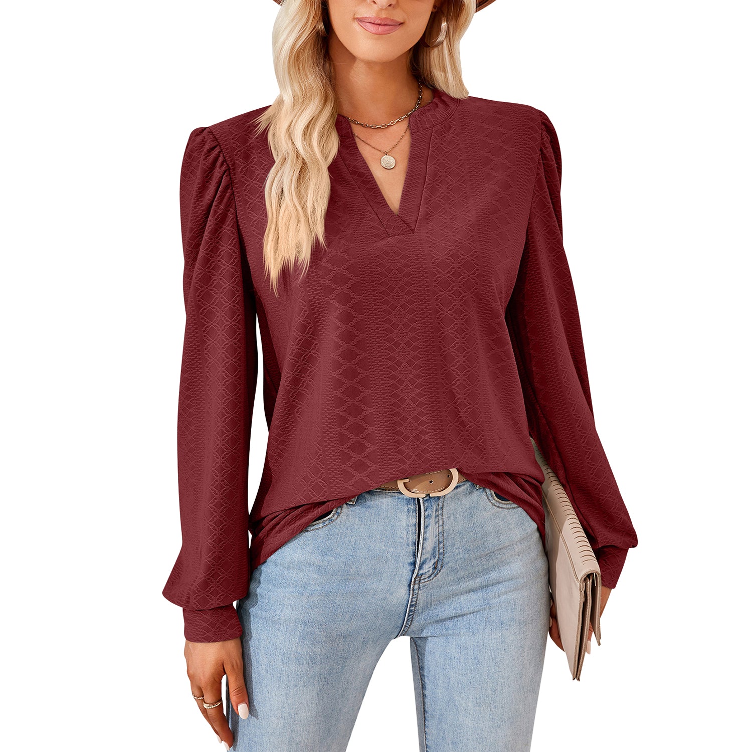 Clearance Sale！Womens Tops Puff Long Sleeves Tunic Tops Casual Loose Blouse V-Neck Shirts 