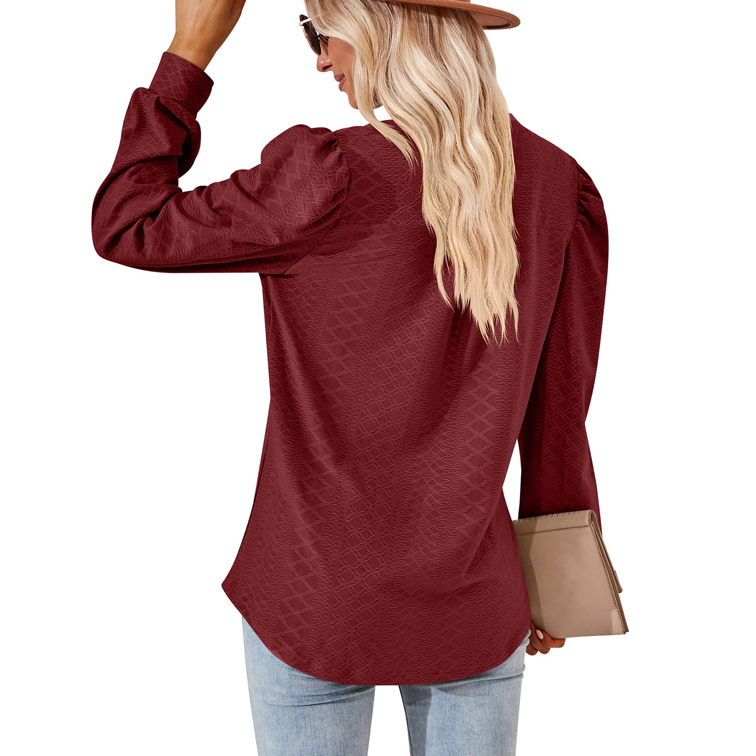 Clearance Sale！Womens Tops Puff Long Sleeves Tunic Tops Casual Loose Blouse V-Neck Shirts 