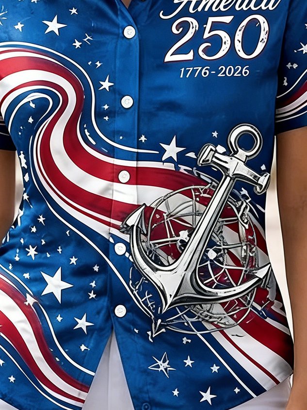 Women's 250th Anniversary Of The Founding Of the United States Vintage Short Sleeve  Shawl Collar 3D Printing Daily Going Out Casual Shirt