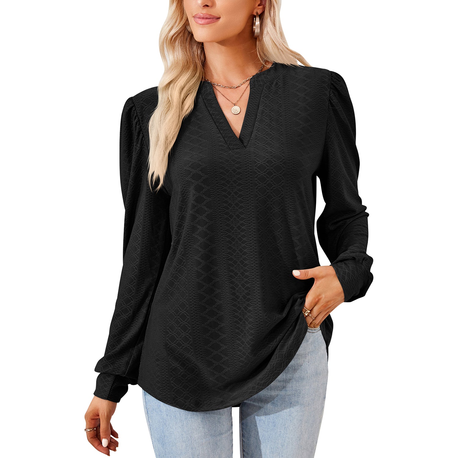 Clearance Sale！Womens Tops Puff Long Sleeves Tunic Tops Casual Loose Blouse V-Neck Shirts 