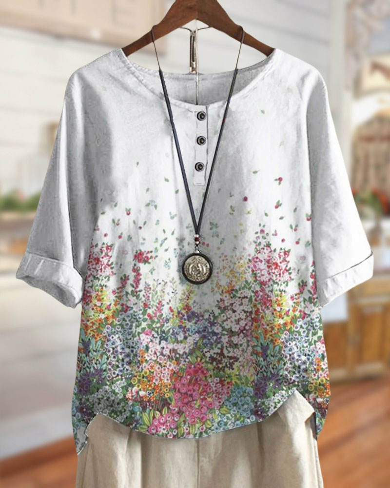Floral Print Casual Round Neck Blouse