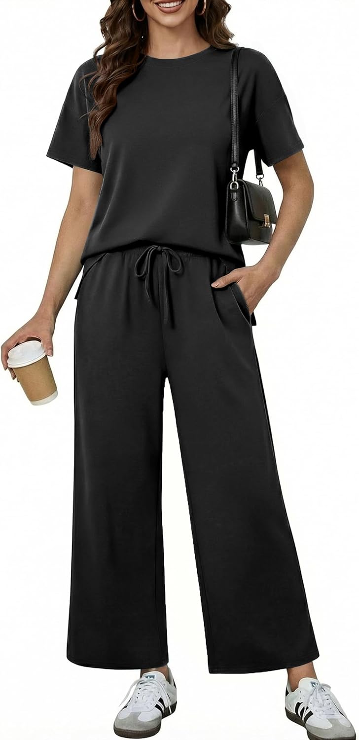 PINSPARK 2 Piece Sets for Women Soft Short Sleeve Tracksuit Wide Leg Pants Lounge Matching Set Travel Summer Outfits 2025