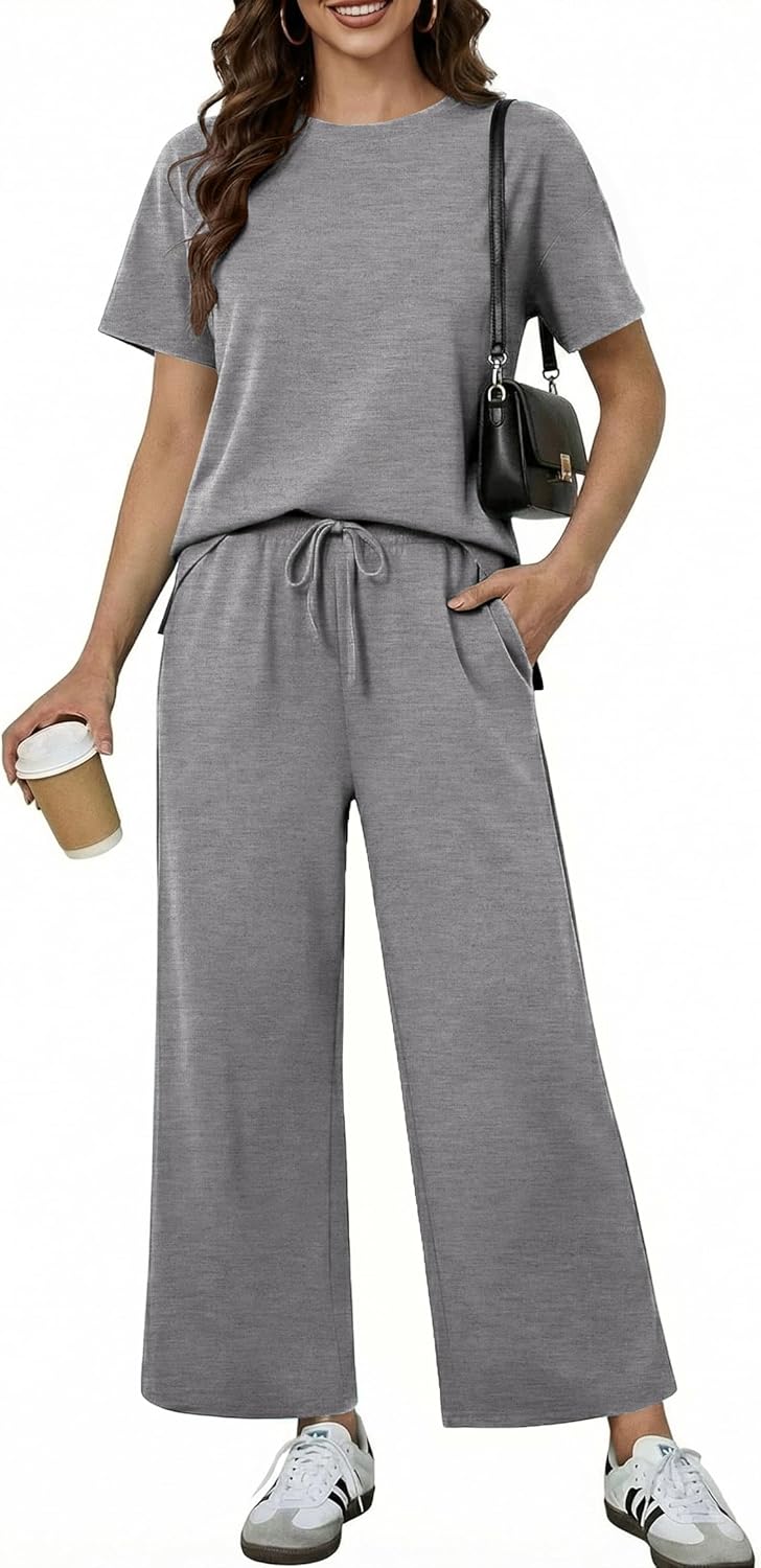 PINSPARK 2 Piece Sets for Women Soft Short Sleeve Tracksuit Wide Leg Pants Lounge Matching Set Travel Summer Outfits 2025