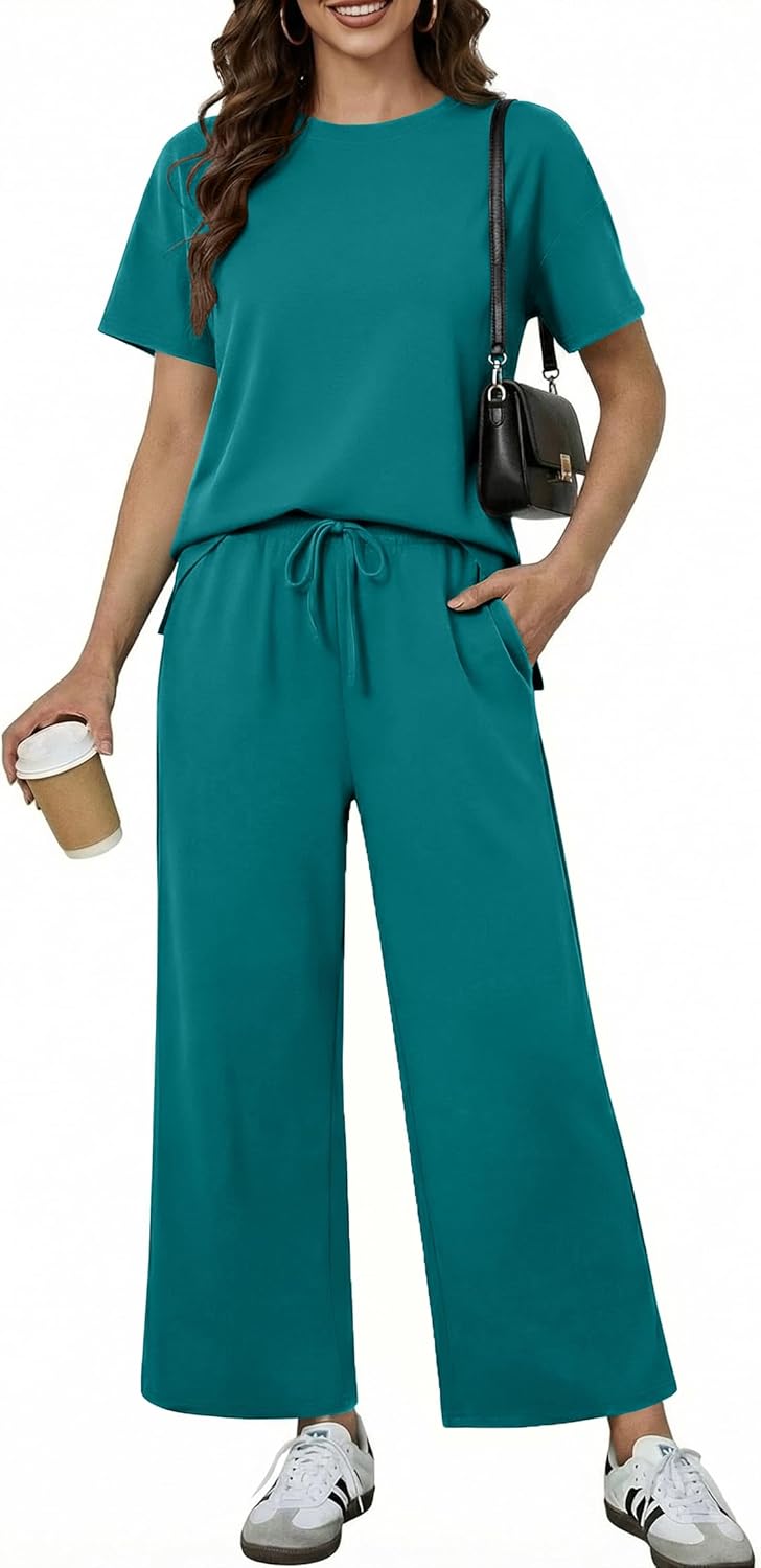 PINSPARK 2 Piece Sets for Women Soft Short Sleeve Tracksuit Wide Leg Pants Lounge Matching Set Travel Summer Outfits 2025