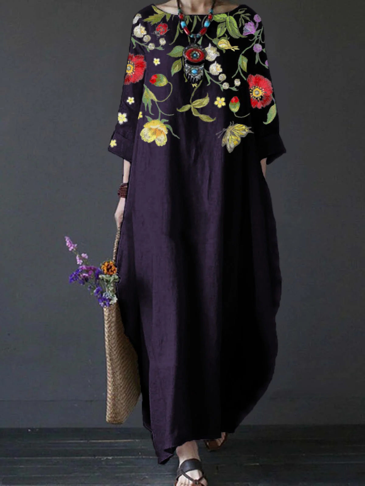 Women's Floral Embroidered Cotton Linen Maxi Dress
