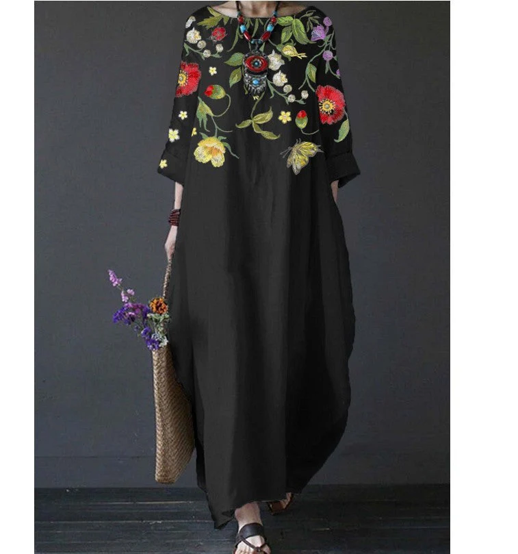 Women's Floral Embroidered Cotton Linen Maxi Dress