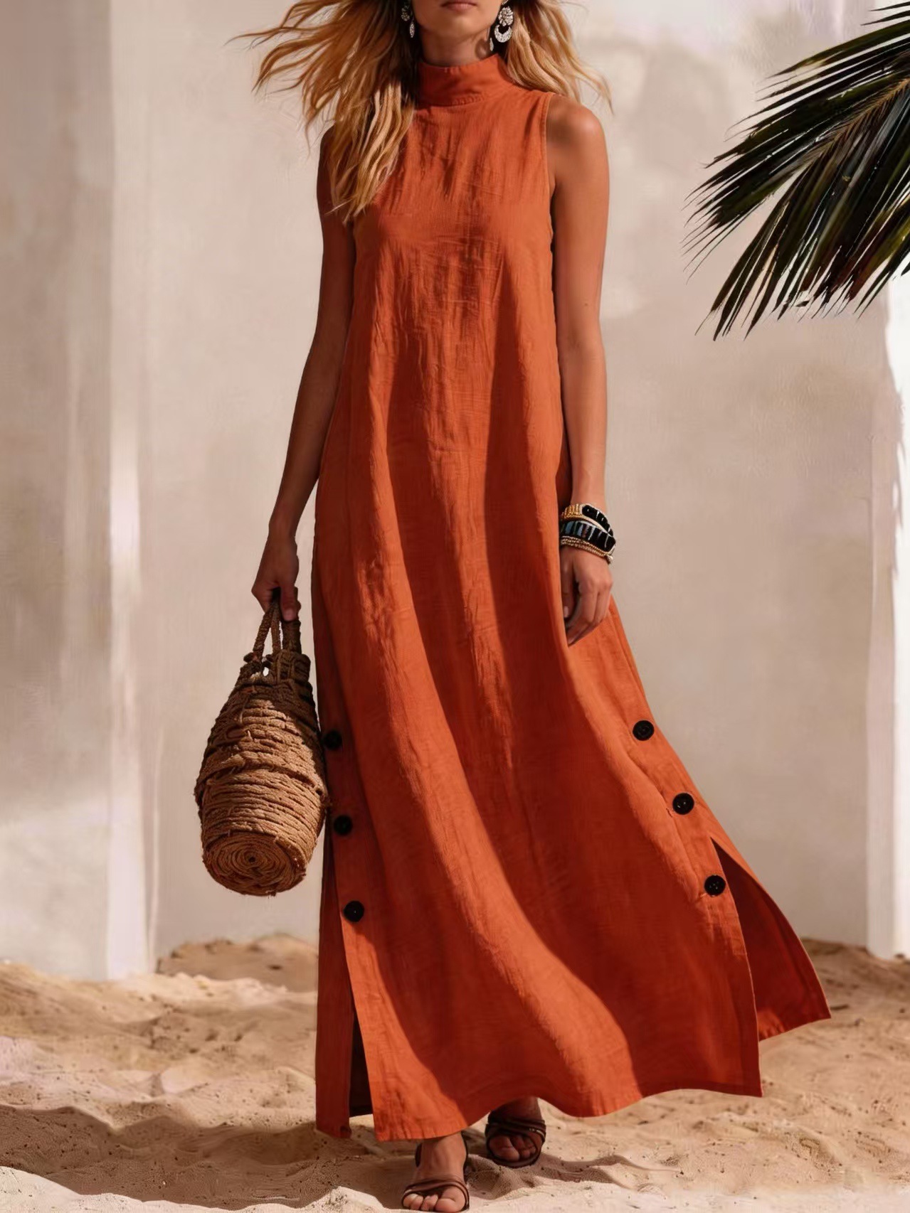Women's Cotton Linen Maxi Dress - Loose Fit Sleeveless Summer Dress with Side Buttons