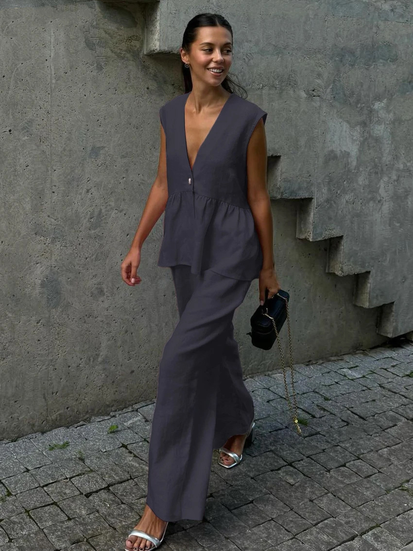 2026 Cotton V-Neck Sleeveless Top Vest Pants Suit Women'S European And American New Solid Color Temperament Commuting Two-Piece Set