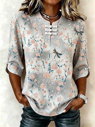 Women’s Patriotic Star & Heart Print 3/4 Sleeve Blouse, Casual 4th of July Henley Top
