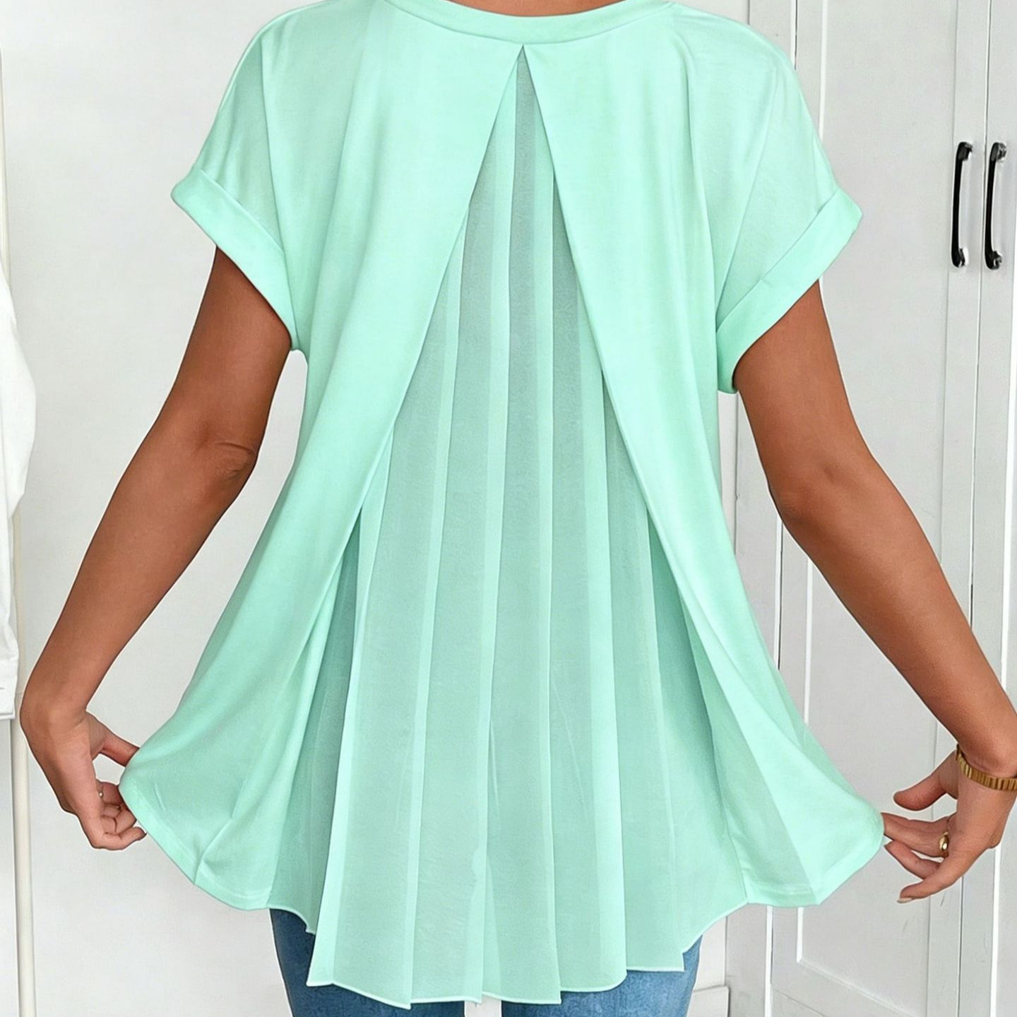 2026 Spring Women'S Cross-Border Pleated Back V-Neck Short-Sleeved Tops