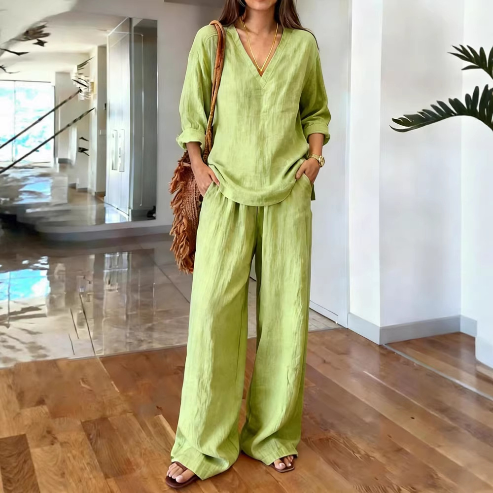 2026 New Casual V-neck Pullover Long-sleeved Trousers Washed Cotton Multi-color Women's Suit