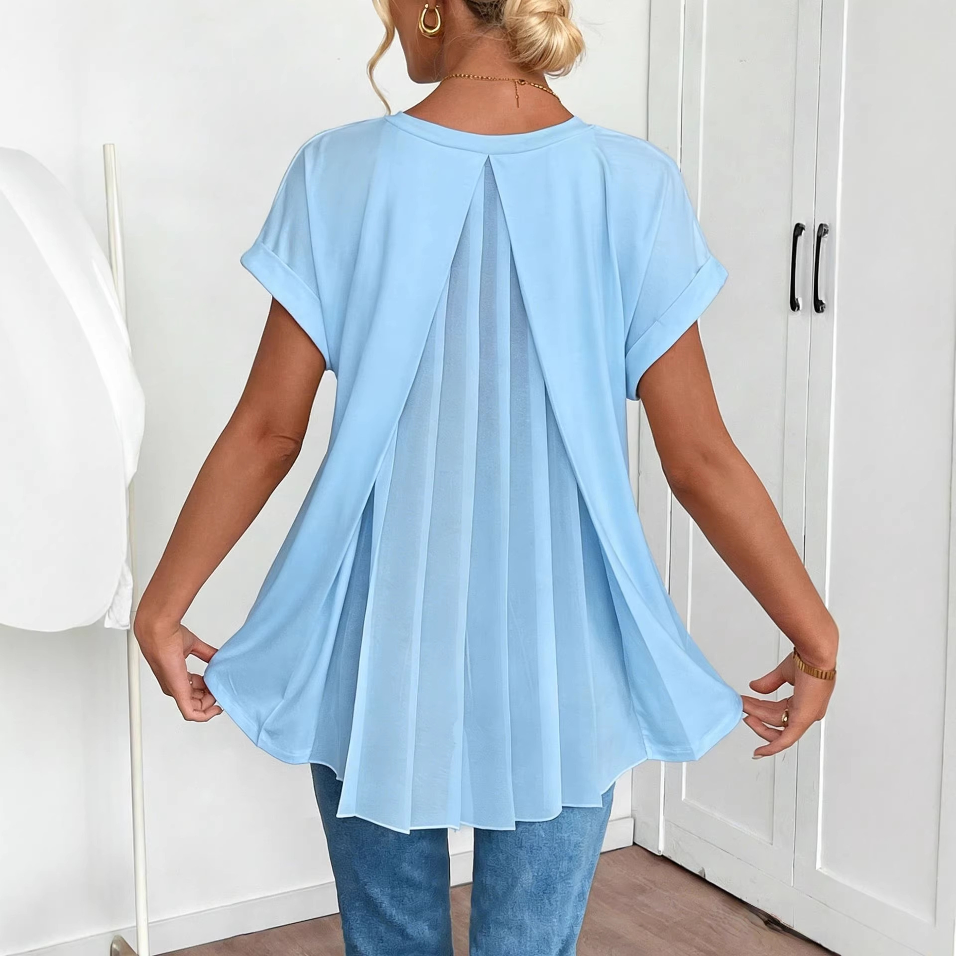 2026 Spring Women'S Cross-Border Pleated Back V-Neck Short-Sleeved Tops