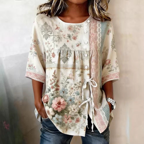 Retro-Inspired Floral Lace-Up Shirt