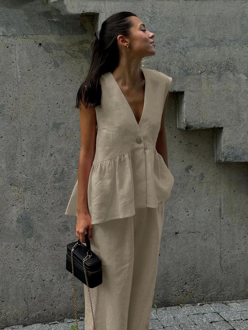 2026 Cotton V-Neck Sleeveless Top Vest Pants Suit Women'S European And American New Solid Color Temperament Commuting Two-Piece Set