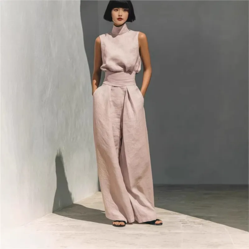 Women's Two-piece Sleeveless Top High-neck Trousers Wide-leg Pants 2026 Spring And Summer New Cotton Linen Casual Suit For Women