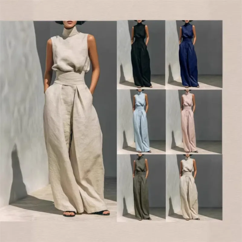 Women's Two-piece Sleeveless Top High-neck Trousers Wide-leg Pants 2026 Spring And Summer New Cotton Linen Casual Suit For Women