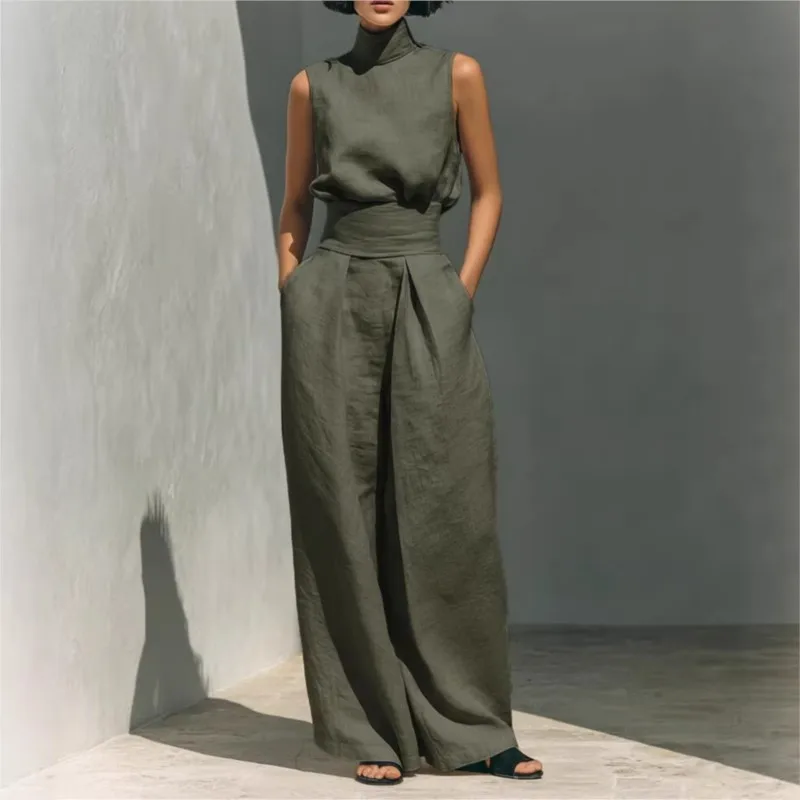 Women's Two-piece Sleeveless Top High-neck Trousers Wide-leg Pants 2026 Spring And Summer New Cotton Linen Casual Suit For Women