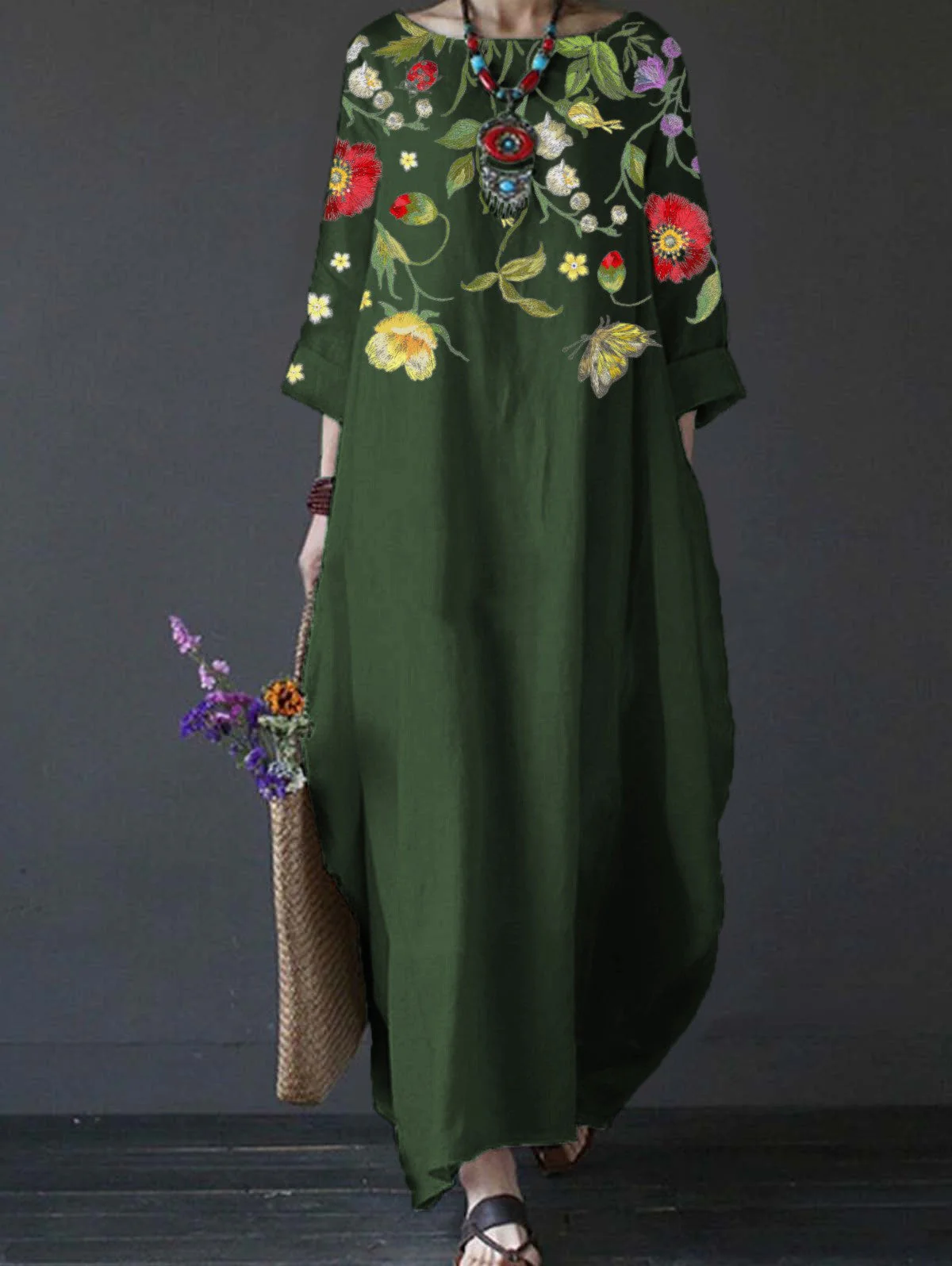 Women's Floral Embroidered Cotton Linen Maxi Dress