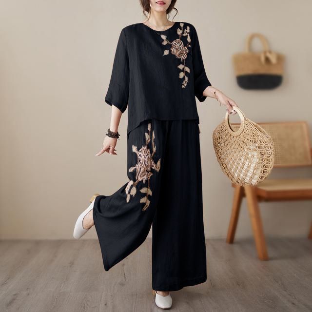 2026 Summer versatile fashion embroidered cotton and linen suit